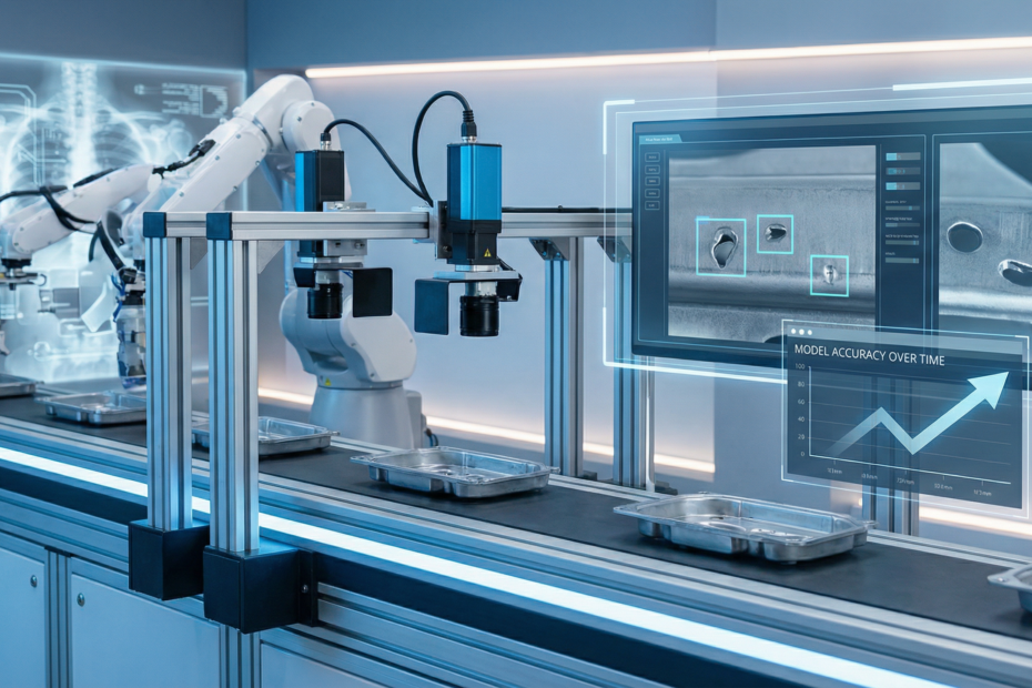 Real-time vision AI inspection line with active learning feedback loop and transfer learning adaptation