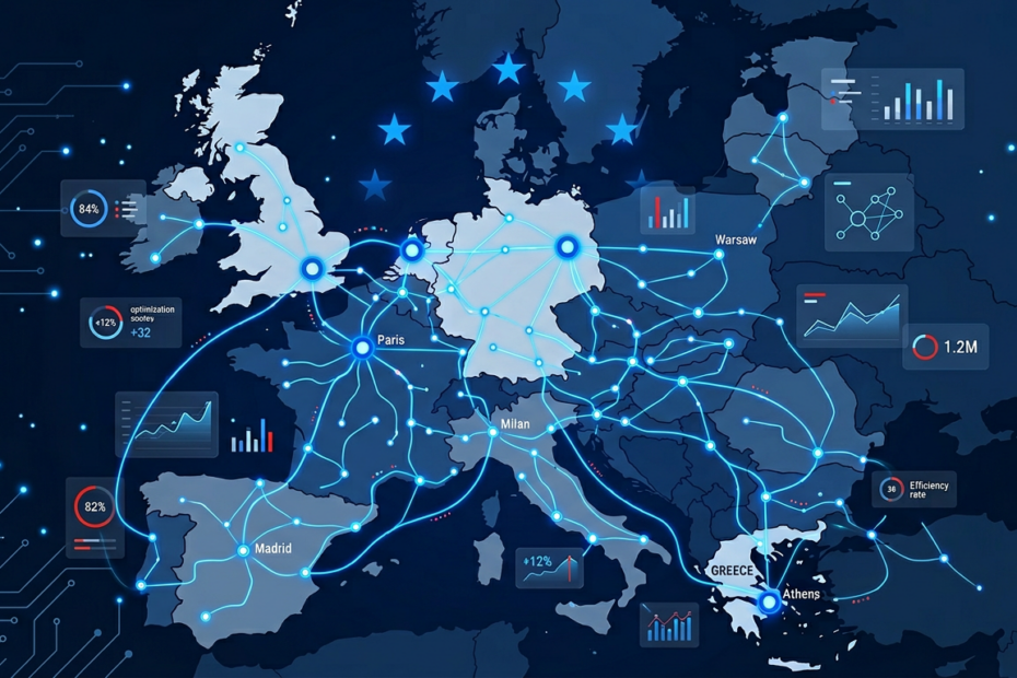 European supply chain map with AI-powered procurement connections